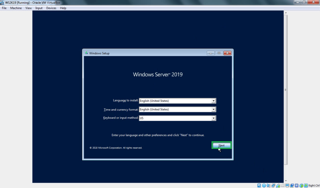 how to install windows server 2019 on oracle virtualbox
