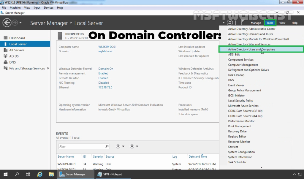 1. Open Active Directory Users and Computers Console