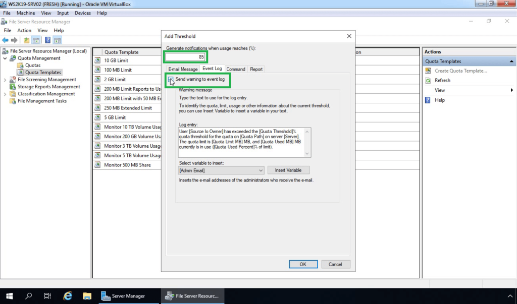 17. Set threshold limit and select send warning to event log