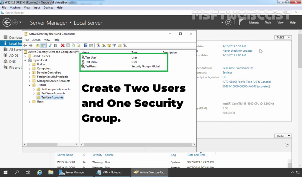 2. Create AD Users and Security Groups