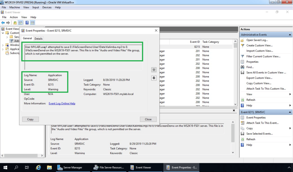 24. Check Event Viewer for FSRM log entry