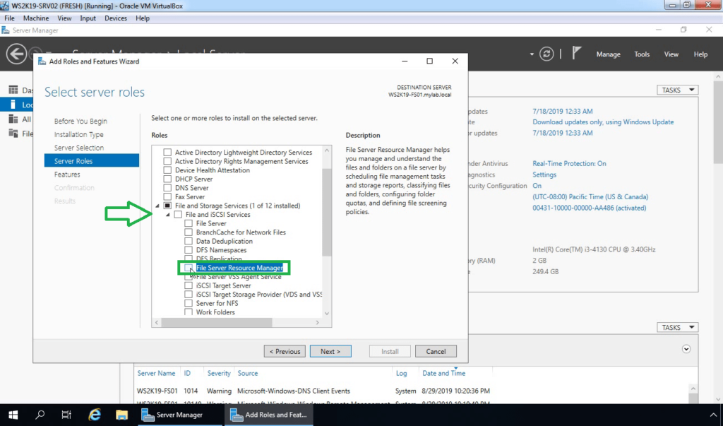6. Select File Server Resource Manager role