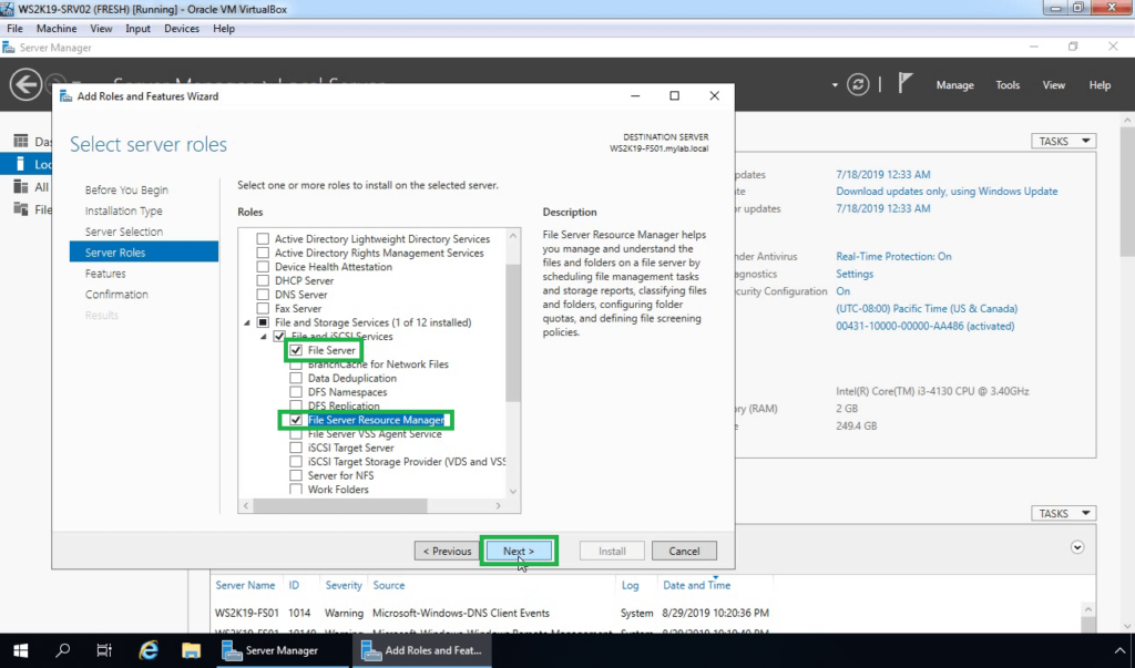 8. Make sure File Server and FSRM are selected