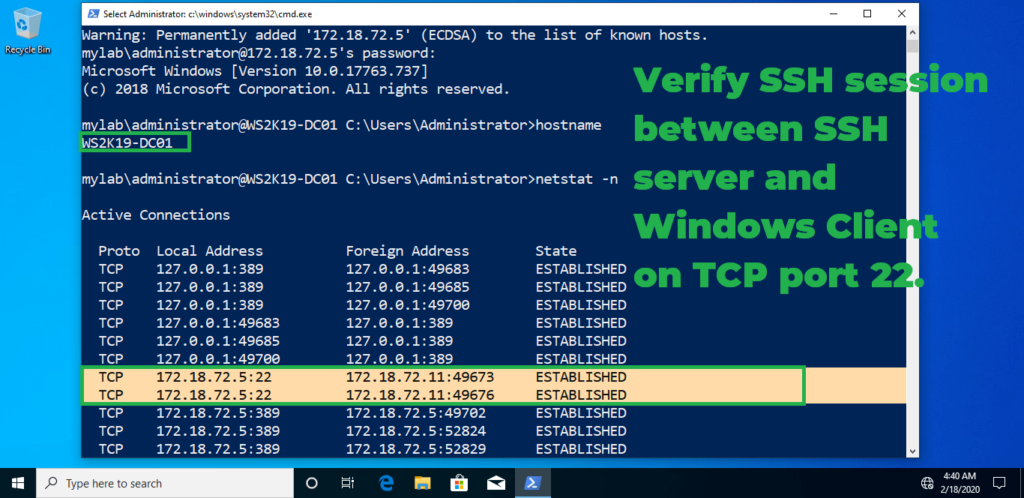 12. verify the ssh connection to windows server 2019 ssh server