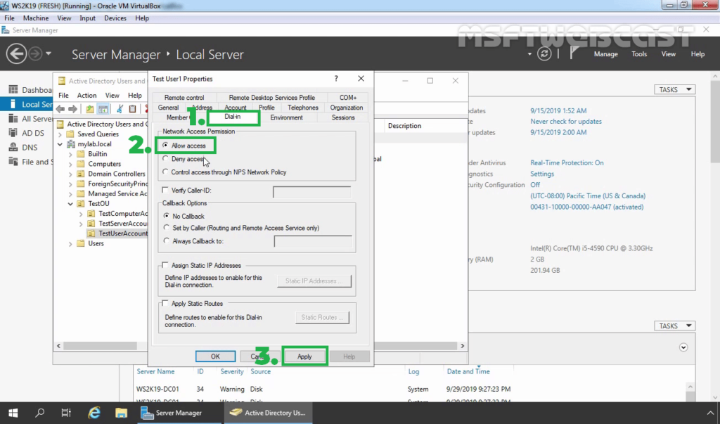 15. Select Allow Access Dial-in Permission