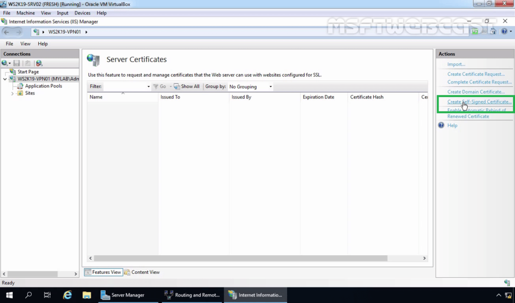 3. Click on Create a Self-Signed Certificate