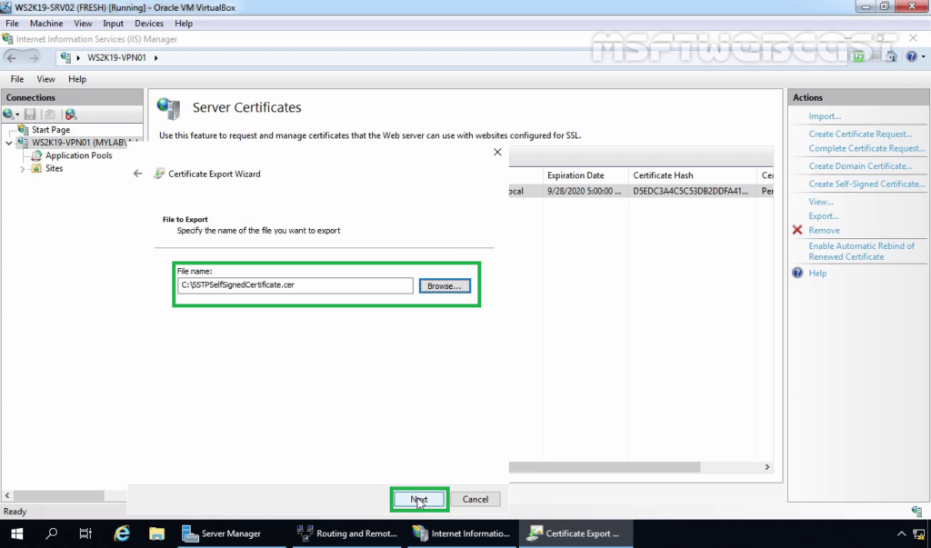 8. Specify the Location to save the .CER File