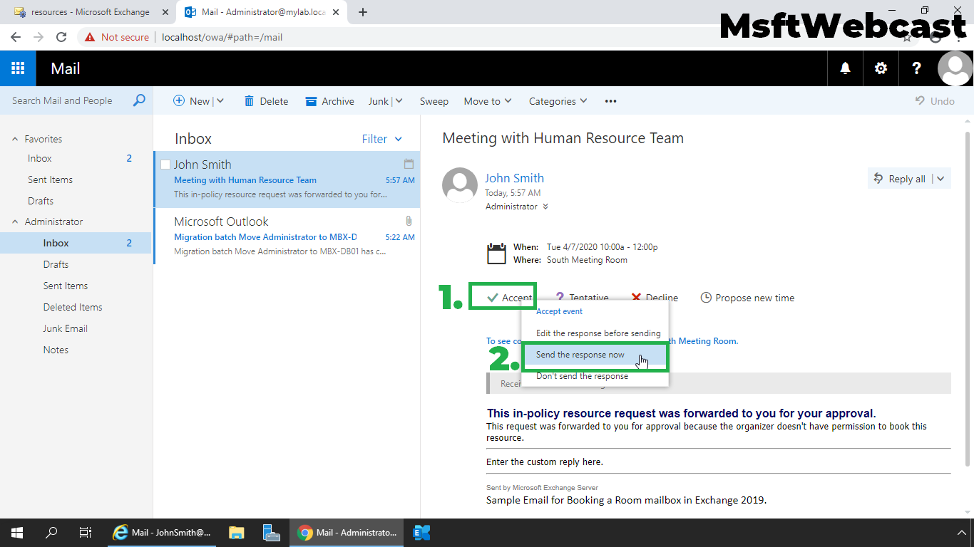 Manage and Book Room Mailbox in Exchange Server 2019