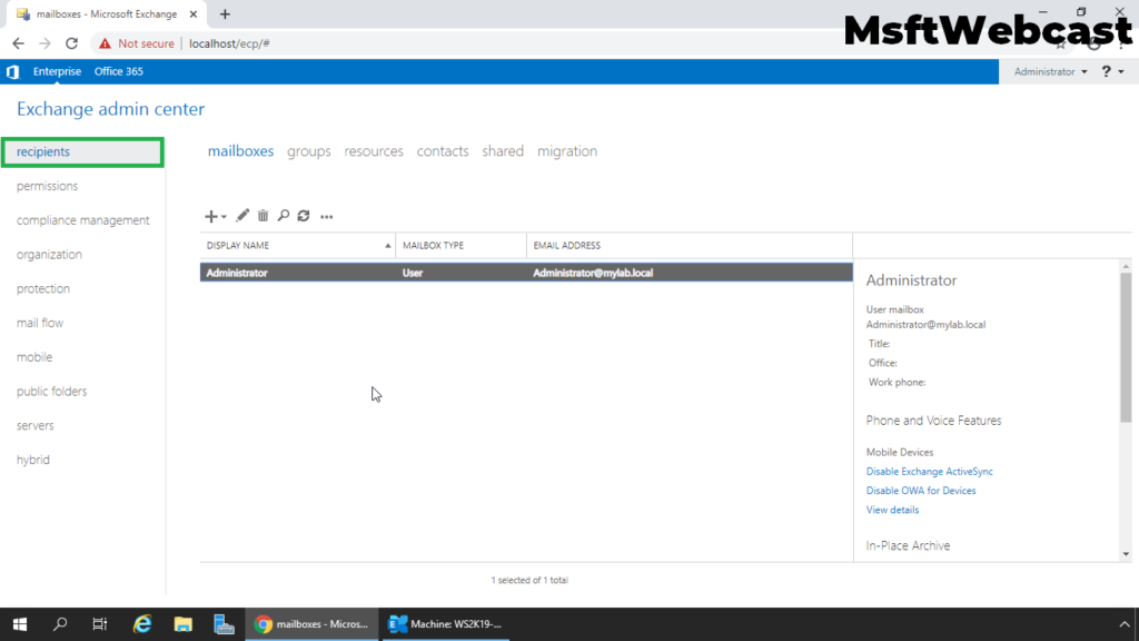 2. open Exchange Admin Center