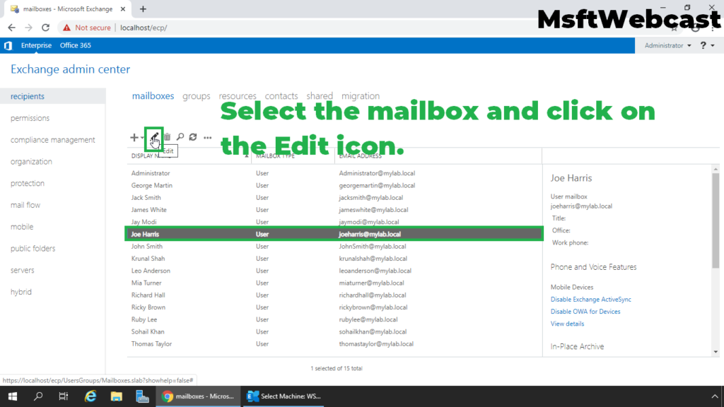 2. select the mailbox and click on edit