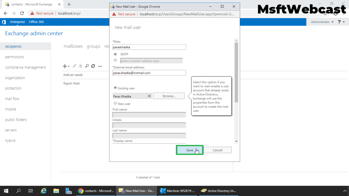 Create Mail Enabled User in Exchange 2019