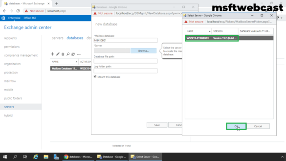 5. select mailbox server to store database