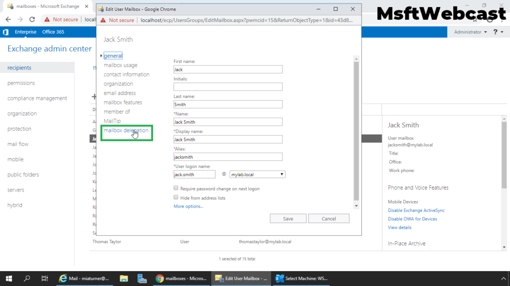 3. click on mailbox delegation tab