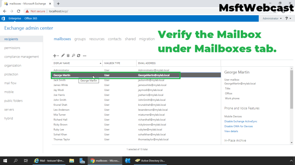 7. verify the mailbox under mailboxes tab