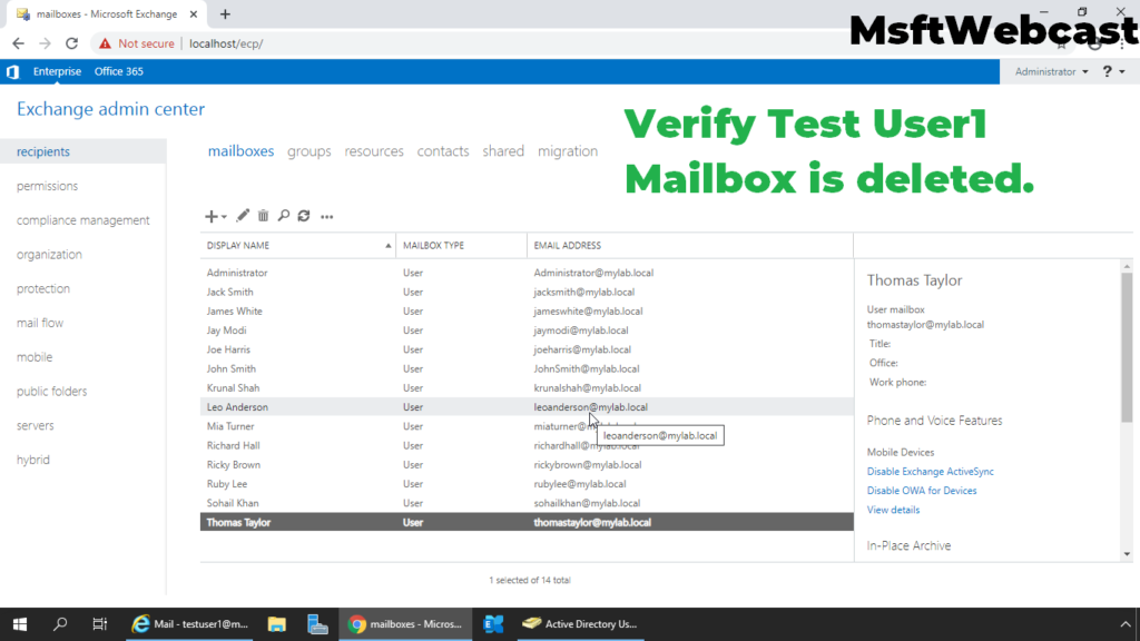 9. verify that the user mailbox is deleted from exchange in EAC