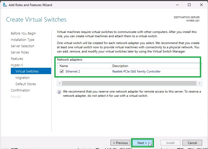 Select Network Adapter to Create Virtual Switch