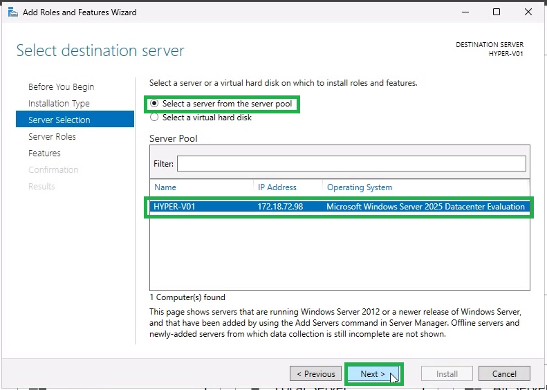 Select Destination Server to Install Hyper-V