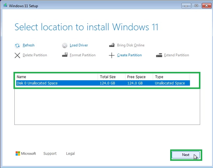 Select Disk or Partition to Install Windows 11