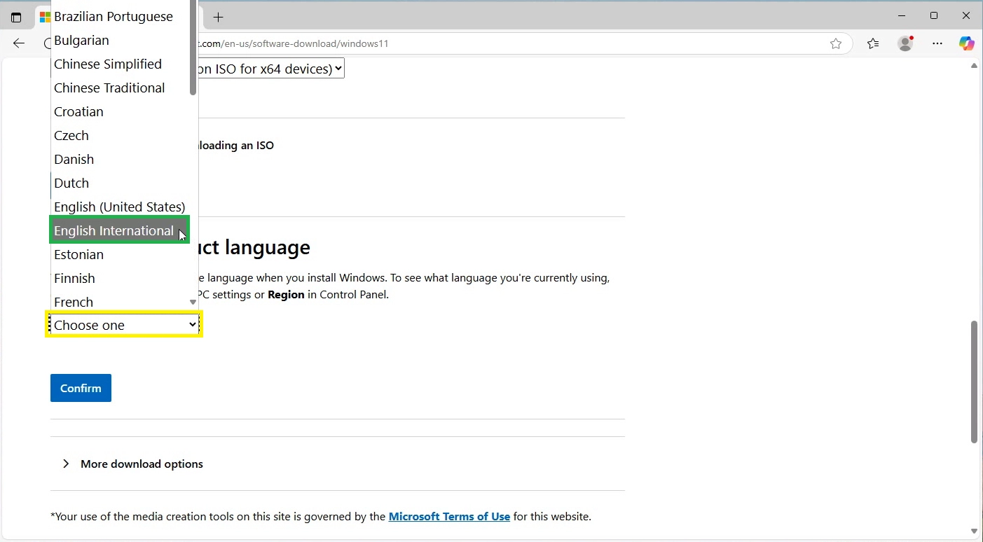 Select Windows 11 ISO Language